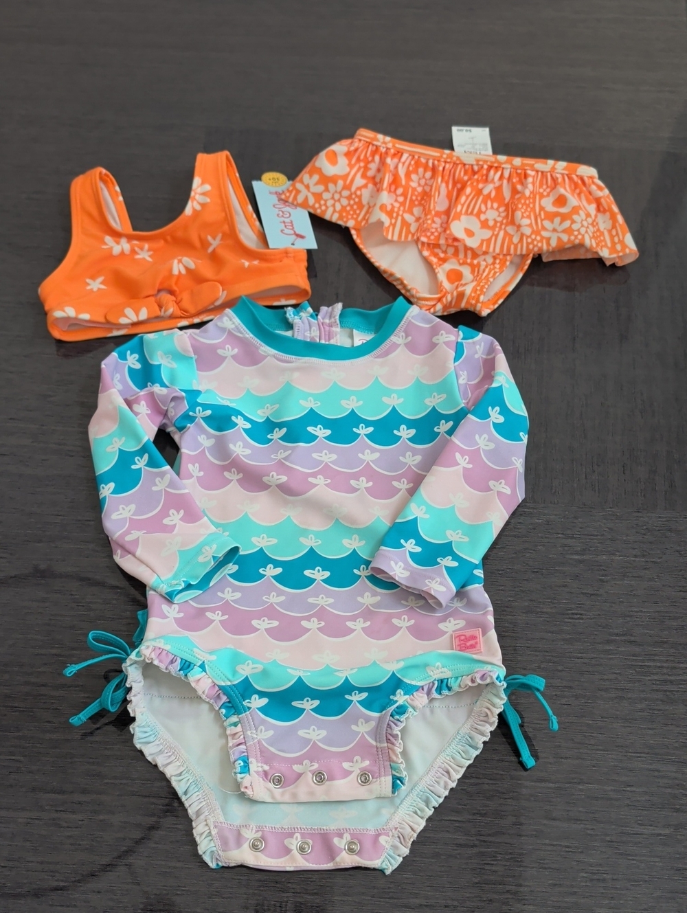 3 Piece Swimsuit Lot New Cat & Jack UPF 50+ RuffleButts Long Sleeve Girl 18/24M